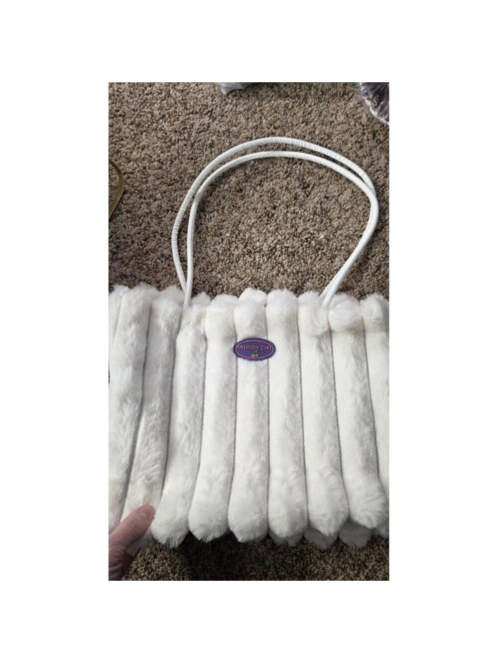 Fashion Girl White Faux Fur Shoulder Bag Gold Hardware Double Handles Women